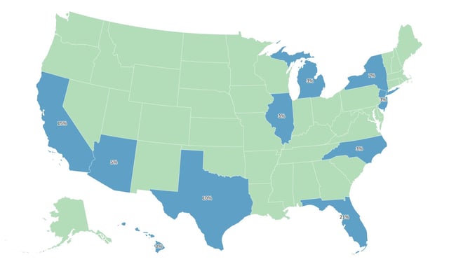 A map show the 10 U.S. states with the highest share of foreign homebuyers, according to a new report by the National Association of Realtors (NAR).