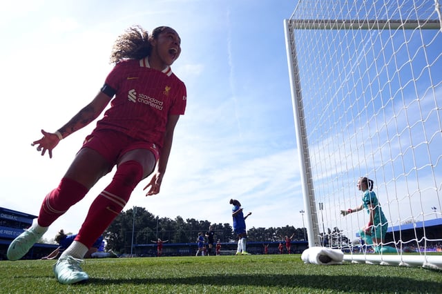 Liverpool's Olivia Smith celebrates scoring a goal. Kingsmeadow, London, Britain - April 12, 2025. Action Images via Reuters/Matthew Childs/File Photo