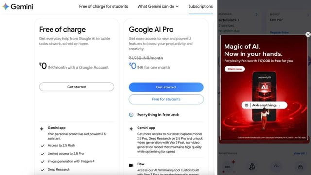 To snapshot the costs involved, Perplexity’s Pro subscription is priced at ₹19,900 per year, while Google charges ₹19,500 for their AI Pro plan. (Official images)