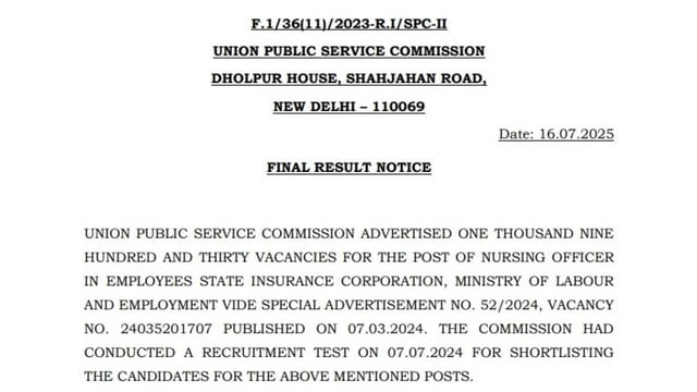 UPSC Result 2025 for ESIC Nursing Officer Posts Out | Image: File Photo