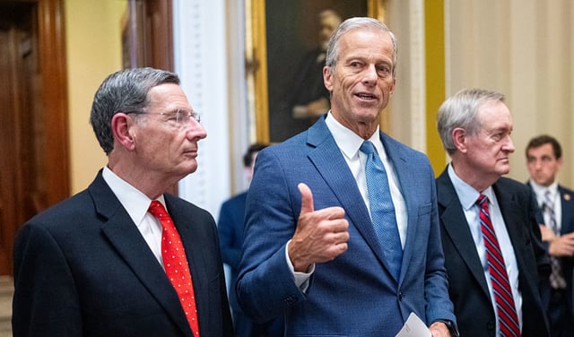 Senate Majority Leader John Thune, R-S. Dak., flanked by Sen. John Barrasso, R-Wyo., and Sen. Mike Crapo, R-Idaho, speaks to reporters after the Senate passed President Trump’s “big beautiful bill” reconciliation package on Tuesday, July 1, 2025.