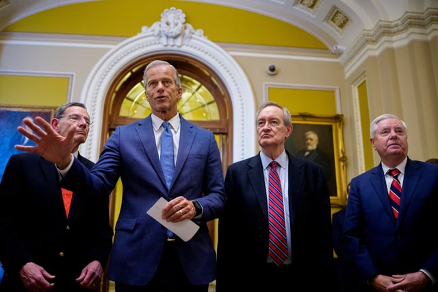 WASHINGTON, DC - JULY 1: Senate Majority Leader John Thune (R-SD) (2nd-L), accompanied by Sen. John Barrasso (R-WY) (L), Sen. Mike Crapo (R-ID) (2nd-R), and Sen. Lindsey Graham (R-SC) (R), speaks to reporters off the Senate floor after the Senate passes President Donald Trump&#39;s so-called &#34;One, Big, Beautiful Bill,&#34; Act at the U.S. Capitol Building on July 1, 2025 in Washington, DC.