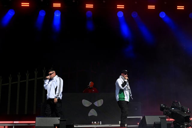 Kneecap performs at Glastonbury Festival at Worthy Farm in Pilton, Somerset, Britain, June 28, 2025. REUTERS/Jaimi Joy/File Photo