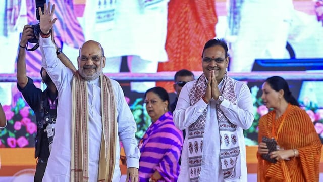 Union home minister Amit Shah with Rajasthan chief minister Bhajanlal Sharma in Jaipur on Thursday. (PTI)