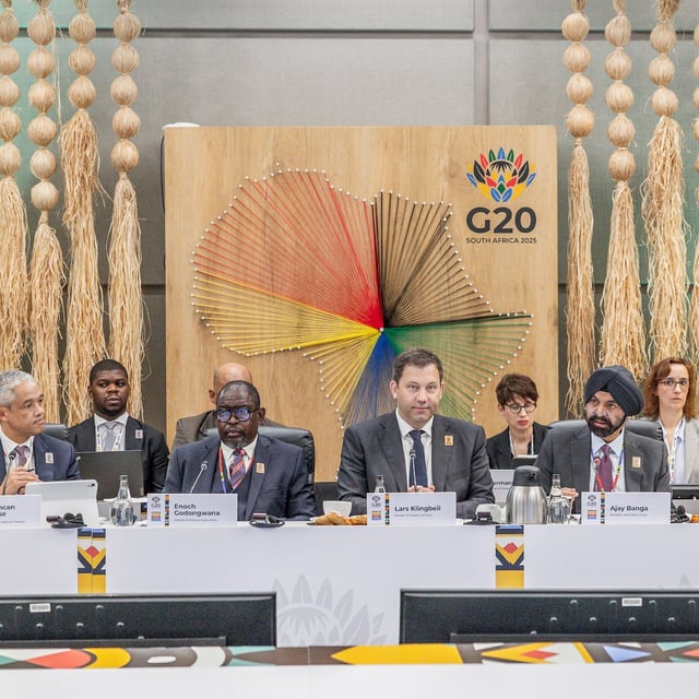 Duncan Pieterse (L), South African Treasury director General, Enoch Godongwana (2nd L) South Africa Minister of Finance, Lars Klingbeil (3rd L) Geerman Minister of Finance, Ajay Banga (2nd R), president of the World Bank Group and Yasser Sobhi (R), Egypt Vice Minister of Finance, take part in a panel discussion at the G20 Finance and Central Bank Deputies and Finance Ministers and Central Bank Governors' Meetings, at the Capital hotel in Zimbali, Durban on July 17, 2025. (Photo by RAJESH JANTILAL / AFP) (Photo by RAJESH JANTILAL/AFP via Getty Images)