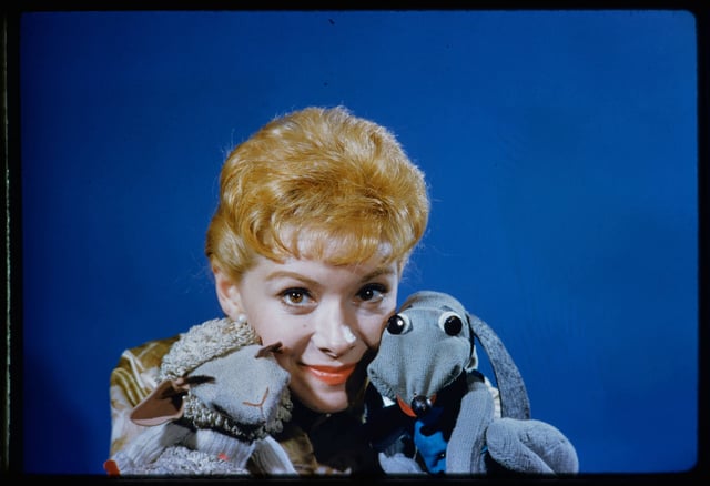 Shari Lewis with Lamb Chop and Hush Puppy.