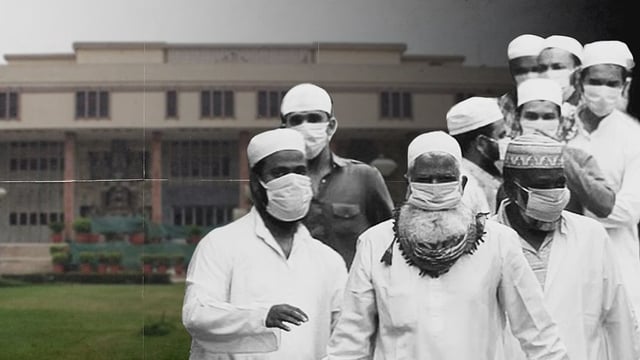 A group of Tablighi Jamaatis with face masks and the Delhi High Court in the background