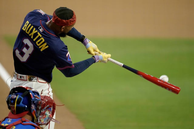 ATLANTA, GEORGIA - JULY 14: Byron Buxton #25 of the Minnesota Twins bats in the first round of the T-Mobile Home Run Derby during the MLB All-Star festivities at Truist Park on July 14, 2025 in Atlanta, Georgia.