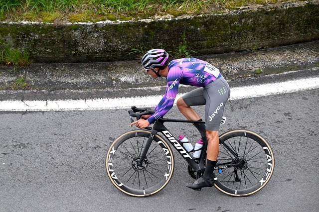 BRISIGHELLA AL CESENA, ITALY - MARCH 28: Samuele Privitera of Italy and Team Jayco AlUla competes during the 39th Settimana Internazionale Coppi e Bartali 2025, Stage 4 a 150.4km stage from Brisighella to Brisighella al Cesena on March 28, 2025 in Brisighella, Italy. (Photo by Dario Belingheri/Getty Images)