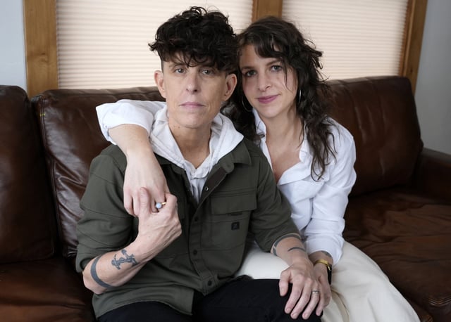 Andrea Gibson, left, and Megan Falley, the subjects of the film "Come See Me in the Good Light," pose for a portrait during the Sundance Film Festival on Saturday, Jan. 25, 2025, in Park City, Utah.