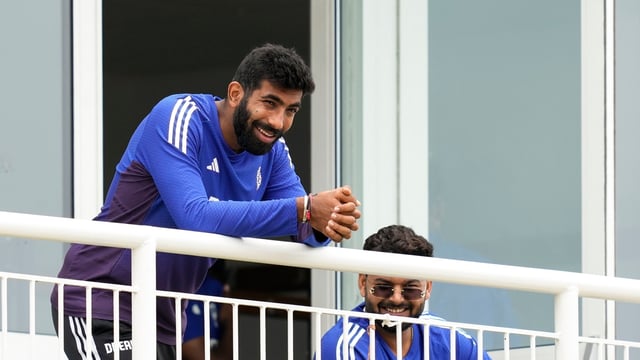 Rishabh Pant and teammate Jasprit Bumrah at The County Ground for a training session ahead of the fourth Test cricket match between India and England, in Beckenham