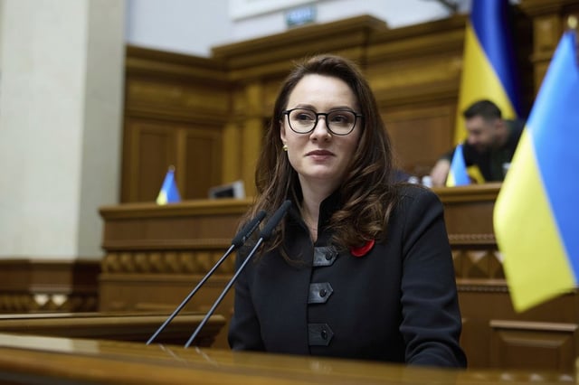 FILE - Vice Prime Minister and Minister of Economy of Ukraine Yuliia Svyrydenko speaks in the Ukrainian Parliament in Kyiv, Ukraine, Thursday, May 8, 2025. 