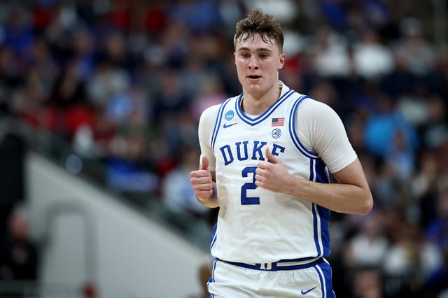 Cooper Flagg #2 of the Duke Blue Devils runs down the court during the first half in the first round of the NCAA Men&#39;s Basketball Tournament Mount St. Mary&#39;s Mountaineers at Lenovo Center on March 21, 2025 in Raleigh, North Carolina.