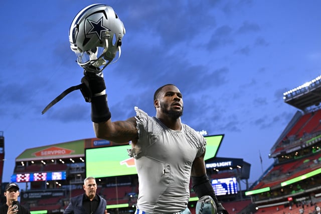 Micah Parsons #11 of the Dallas Cowboys celebrates after the game against the Cleveland Browns at Cleveland Browns Stadium on September 08, 2024 in Cleveland, Ohio. The Cowboys defeated the Browns 33-17.