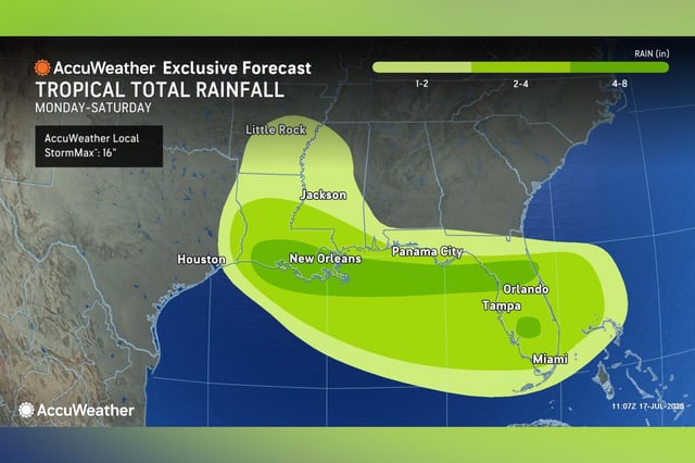 A forecast map from AccuWeather shows which areas could see the most rainfall through Saturday.