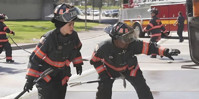 Marjan (Natacha Karam) and Paul (Brian Michael Smith) on the scene in 9-1-1: Lone Star.