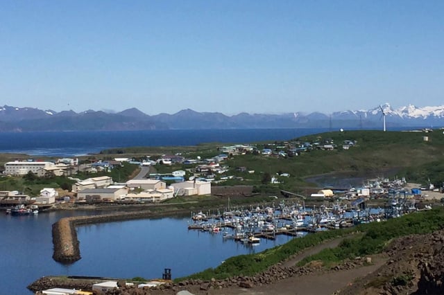 An aerial view over Sand Point, Alaska.