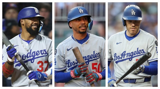 The Dodgers find themselves leading the NL West at the All-Star break, as usual, but they need to get key hitters like Teoscar Hernandez, left, Mookie Betts, center, and Freddie Freeman going at the plate. (Photos by Getty Images and The Associated Press)