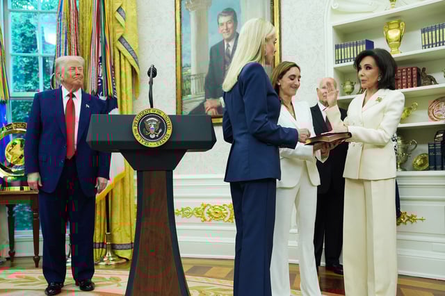 Attorney General Pam Bondi, performs a ceremonial swearing in for Interim U.S. Attorney General for the District of Columbia Jeanine Pirro on May 28, 2025.