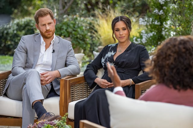 Prince Harry and Meghan Markle are seen during their interview with Oprah Winfrey broadcast on CBS in March 2021.