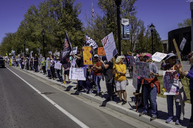 Thousands of people demonstrate in Carson City, Nevada to protest President Trump&#39;s policies on Saturday April 19, 2025.