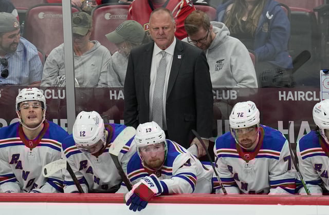 Jan 1, 2023; Sunrise, Florida, USA;  New York Rangers  head coach Gerard Gallant looks on during the game against the Florida Panthers in the second period at FLA Live Arena. Mandatory Credit: Jim Rassol-USA TODAY Sports/File Photo