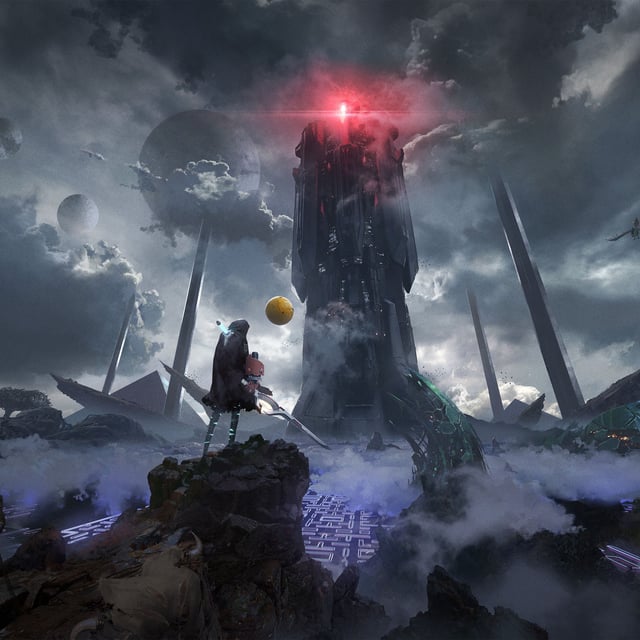 The hero and Puck looking up at a huge tower in Shadow Labyrinth. 
