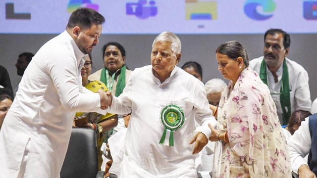 RJD chief Lalu Prasad with party leaders Tejashwi Yadav and Rabri Devi at the National Council Meeting of Rashtriya Janata Dal (RJD), in Patna, on July 5. (PTI)