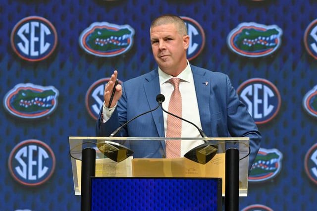 Florida Gators head coach Billy Napier addresses the media during SEC Football Media Days on July 16, 2025, at the College Football Hall of Fame in Atlanta, Ga. (Jeffrey Vest/Icon Sportswire via AP Images)