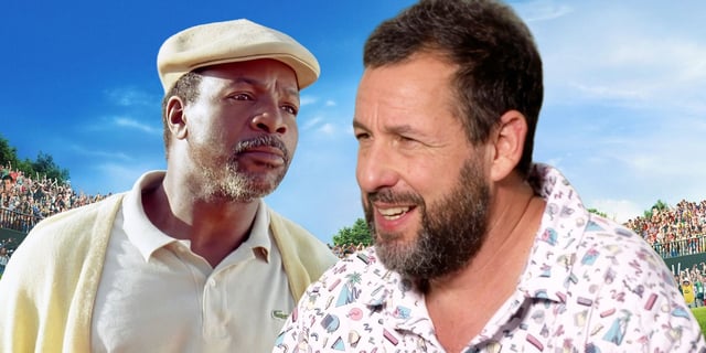 Adam sandler in an interview over an image of Carl Weathers in happy gilmore