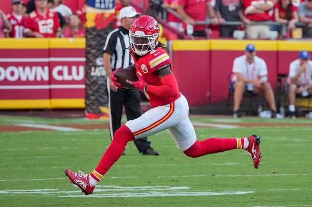 Sep 15, 2024; Kansas City, Missouri, USA; Kansas City Chiefs wide receiver Rashee Rice (4) catches a pass against the Cincinnati Bengals during the game at GEHA Field at Arrowhead Stadium. Mandatory Credit: Denny Medley-Imagn Images/File Photo