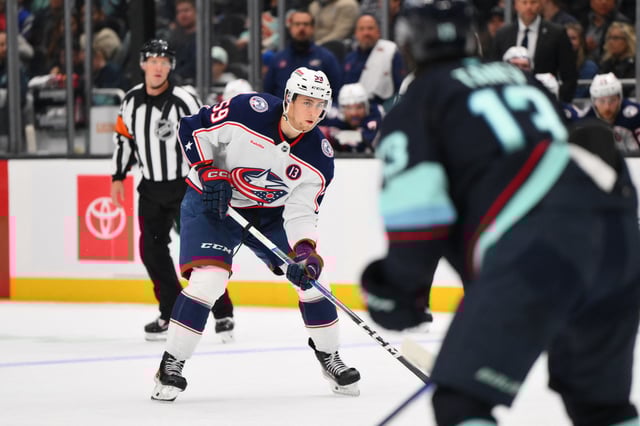 Nov 12, 2024; Seattle, Washington, USA; Columbus Blue Jackets right wing Yegor Chinakhov (59) plays the puck during the second period against the Seattle Kraken at Climate Pledge Arena. Mandatory Credit: Steven Bisig-Imagn Images/File Photo