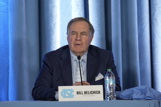 Dec 12, 2024; Chapel Hill, NC, USA;   North Carolina Tar Heels new head coach Bill Belichick speaks to those attending at Loudermilk Center for Excellence. Mandatory Credit: Jim Dedmon-Imagn Images/File Photo