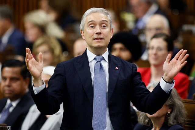 Canada's Minister of Finance Francois-Philippe Champagne speaks during Question Period in the House of Commons on Parliament Hill in Ottawa, Ontario, Canada May 29, 2025. REUTERS/Blair Gable/File Photo