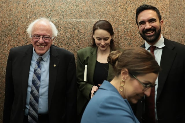 Sen. Bernie Sanders, left, and New York mayoral candidate Zohran Mamdani enter an elevator after a meeting in Washington on July 16, 2025. (Michael M. Santiago/Getty)