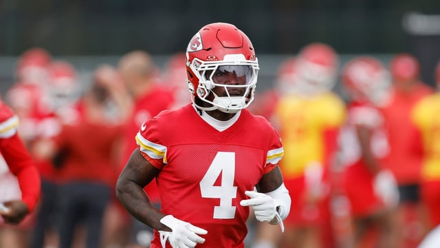 Kansas City Chiefs wide receiver Rashee Rice participates during NFL football practice