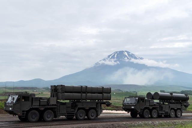 Surface-to-ship missiles, left, are carried in front of Mount Fuji during a live-fire exercise by the Japan Ground Self-Defense Force at the East Fuji Maneuver Area on June 8, 2025, in Gotemba, Shizuoka Prefecture, Japan.