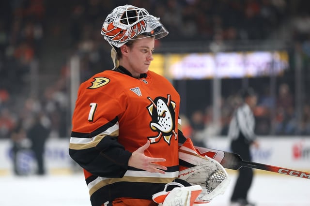 Ducks goalie Lukáš Dostál, seen during a game against the Winnipeg Jets on Dec. 18, 2024, at Honda Center, has signed a five-year deal with Anaheim. (Photo by Sean M. Haffey/Getty Images)