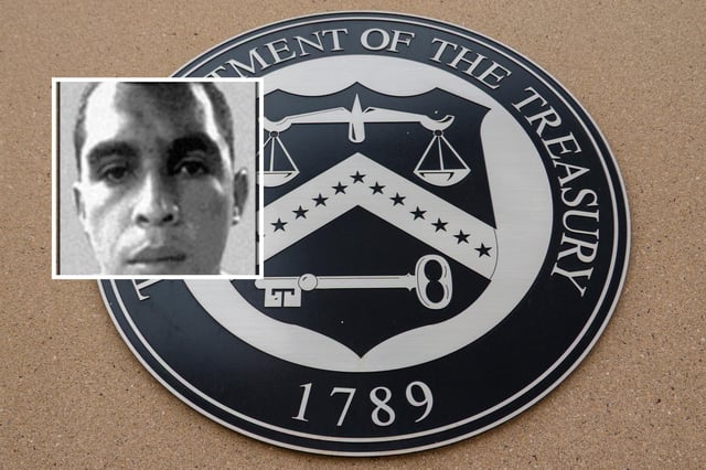 A Department of the Treasury sign is displayed outside the Denver Mint, a branch of the United States Mint on March 20, 2025 in Denver, Colorado. INSET: Hector Rusthenford Guerrero Flores (a.k.a. “Niño Guerrero”) is the notorious head of Tren de Aragua.