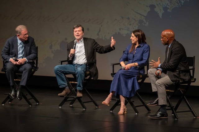 From left: Atlantic magazine editor Jeffrey Goldberg, documentarians Ken Burns, Sarah Botstein and historian Christopher Brown discuss the upcoming PBS limited series “The American Revolution” at the Palace of Fine Arts in San Francisco on Wednesday, July 16.