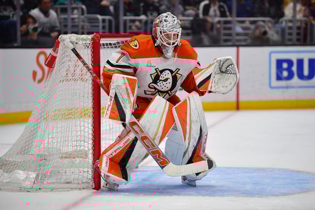 Apr 10, 2025; Los Angeles, California, USA; Anaheim Ducks goaltender Lukas Dostal (1) defends the goal against the Los Angeles Kings during the second period at Crypto.com Arena. Mandatory Credit: Gary A. Vasquez-Imagn Images/File Photo