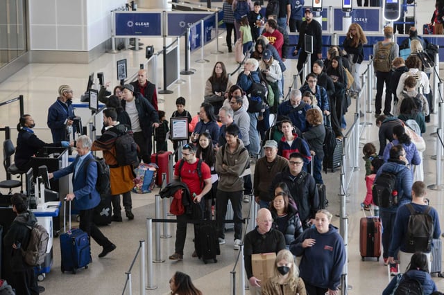 Travelers line up to enter security checks at San Francisco International Airport. The U.S. may ease airport liquid restrictions for carry-on bags as officials explore faster, tech-enabled screening processes at airports.
