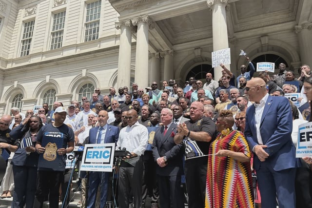 Several police unions rallied outside City Hall Thursday as they announced their support for Mayor Eric Adams.