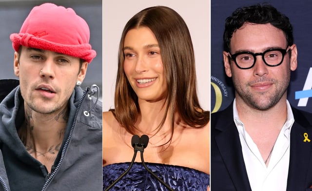 (L-R) Justin Bieber, Hailey Bieber and Scooter Braun. (Getty)