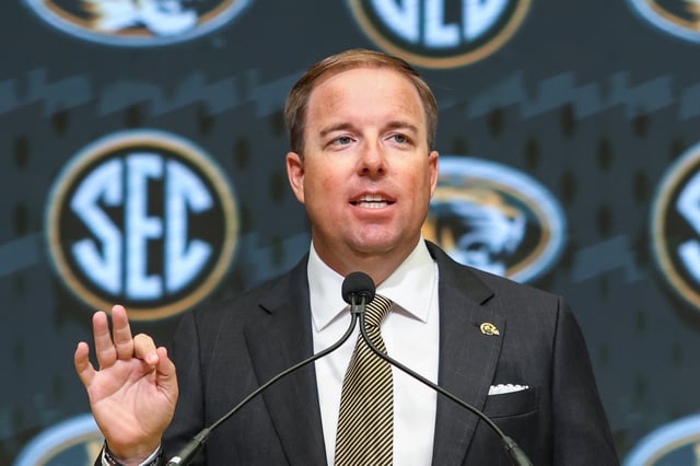 Jul 17, 2025; Atlanta, GA, USA; Missouri Tigers head coach Eliah Drinkwitz talks to the media during the SEC Media Days at Omni Atlanta Hotel. Mandatory Credit: Jordan Godfree-Imagn Images/File Photo