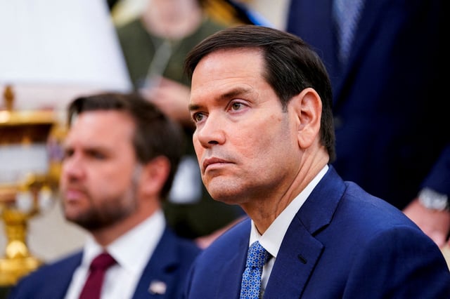 U.S. Secretary of State Marco Rubio takes part in a meeting between President Donald Trump and NATO Secretary General Mark Rutte in the Oval Office at the White House in Washington, D.C., U.S., July 14, 2025. REUTERS/Nathan Howard/File Photo