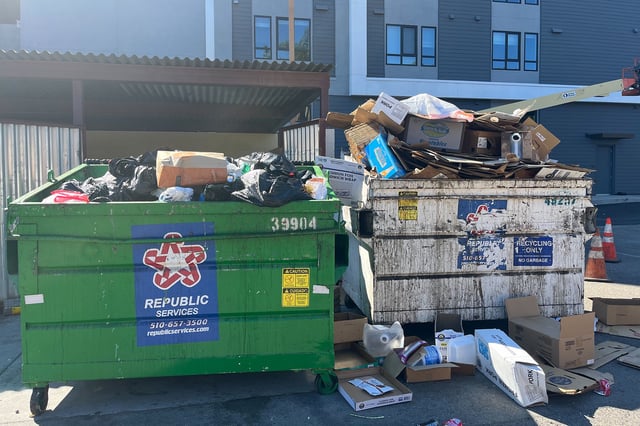 Trash overflowing in Fremont, Calif. 