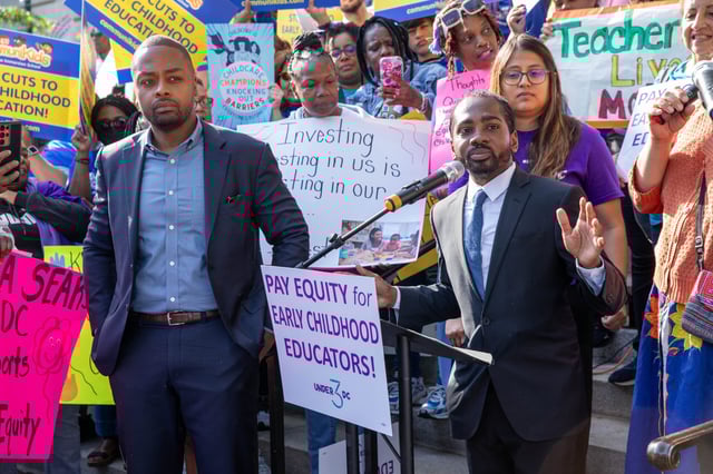WASHINGTON, DC - MAY 03: Ward 8 Councilmember, Trayon White, Sr. speaks during a rally to restore funding for childcare organized by childcare providers and parents at John A. Wilson Building on May 03, 2024 in Washington, DC. (Photo by Brian Stukes/Getty Images for Under 3 DC)