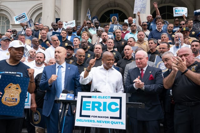 Mayor Eric Adams celebrates at a rally announcing endorsements from several law enforcement unions Thursday, July 17, 2025 in Manhattan, New York. (Barry Williams/ New York Daily News)