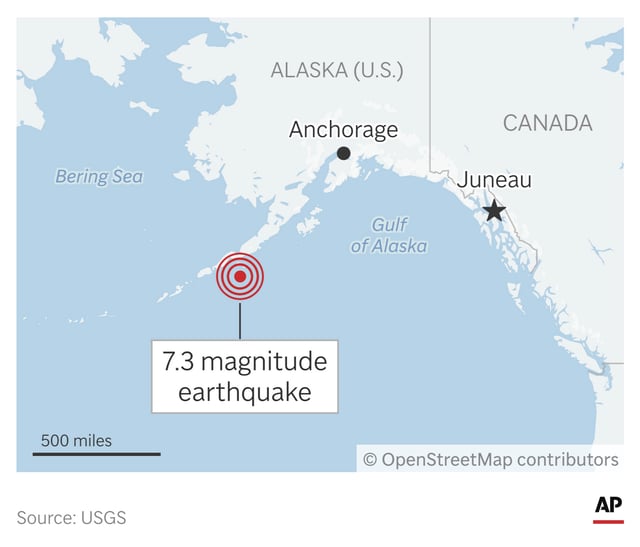 A strong earthquake Wednesday off the Alaska coast triggered a tsunami warning. (AP Graphic)